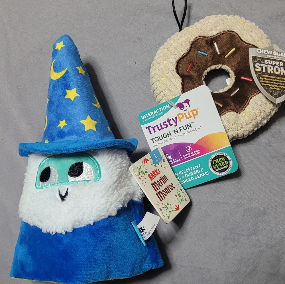 Bark squeaky plush dog toy & TrustyPup tough fun chew resistant doughnut toy